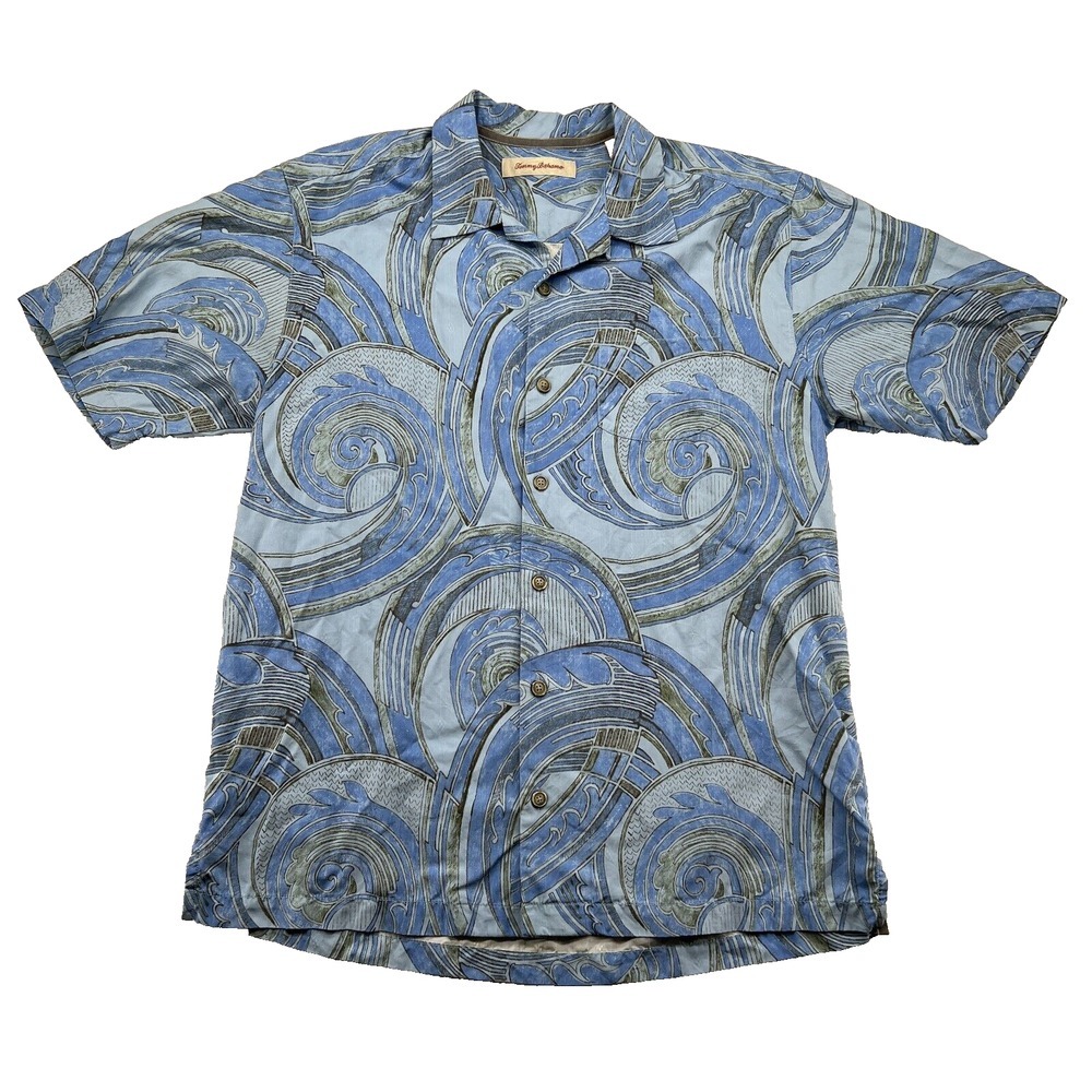 Tommy Bahama M Blue Wave Swirl Hawaiian Shirt Silk Beach Casual Button Front